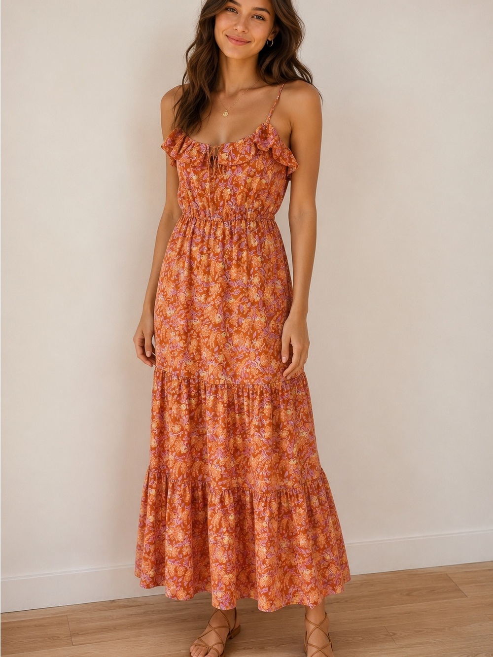 J. Crew Orange Floral Ruffle Tiered Midi Dress Cottagecore Like New Size XS